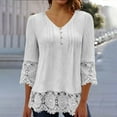 thumbnail image 3 of TKLPEHG Summer Shirts for Women V Neck Button Lace Patchwork Three Quarter Sleeved T-Shirt Lightweight Solid Color Casual Loose Going Out Tops Summer 3/4 Sleeve T Shirts Blouses(White,XXL), 3 of 8