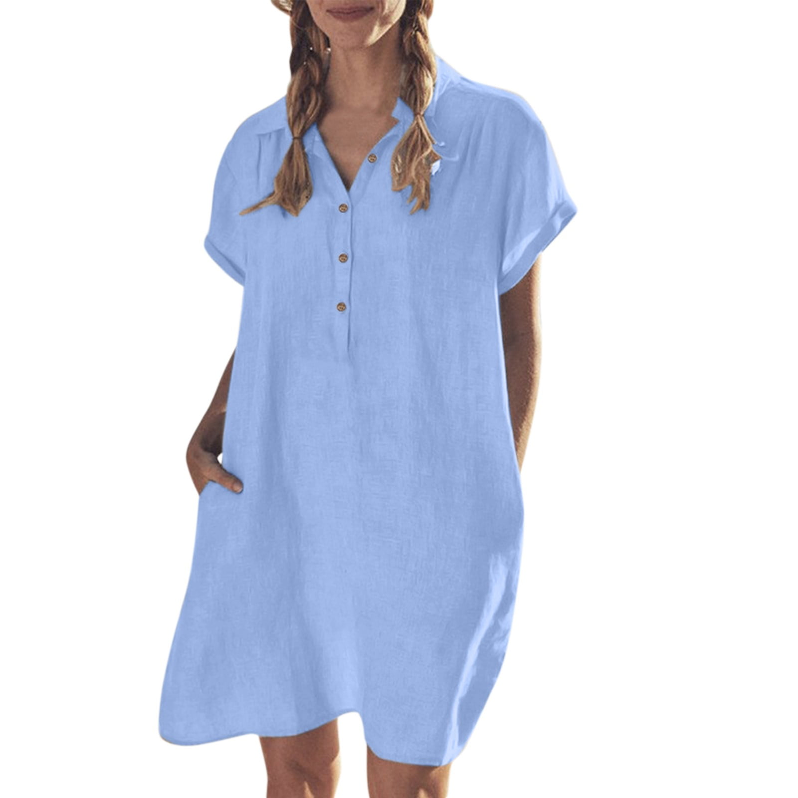 Ladies V Neck Cotton Linen Shirt Dress Pockets Dress Beach Casual Dress