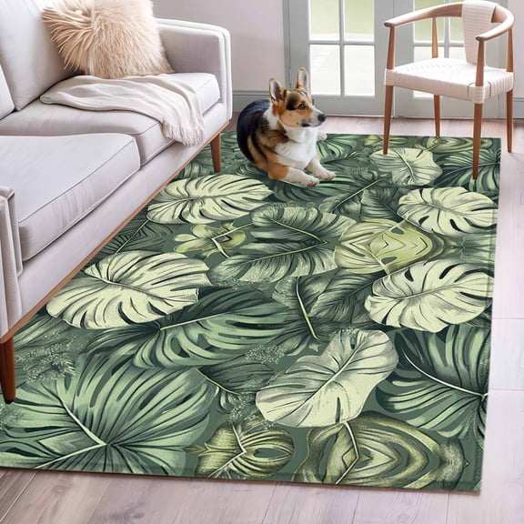 Palm Leaves Area Rug 3x5 Washable Rug Non Slip Country Summer Botanical Tropical Plants Large Area Rug Indoor Floor Carpet for Entryway Bedroom Kitchen Living Room Home Office Dining Room Nursery