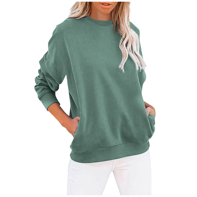 KIHOUT Spring Winter Womens Tops Fashion Pullover Round-Neck Long Sleeve Solid Color Blouses Sweatshirts Hoodless Tops