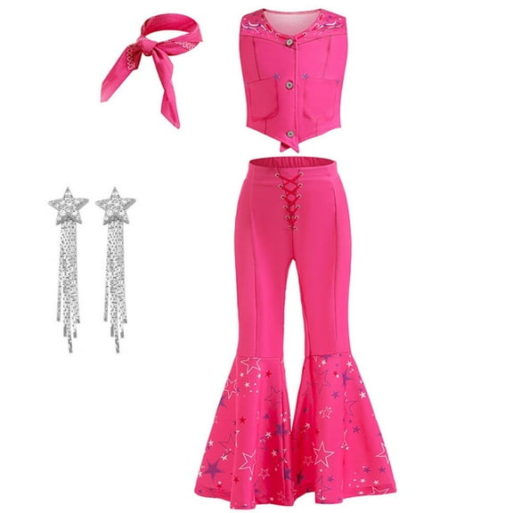 Girls Pink Cowgirl Costume Halloween Movie Hippie Cosplay Outfit Sets, 4-9Y