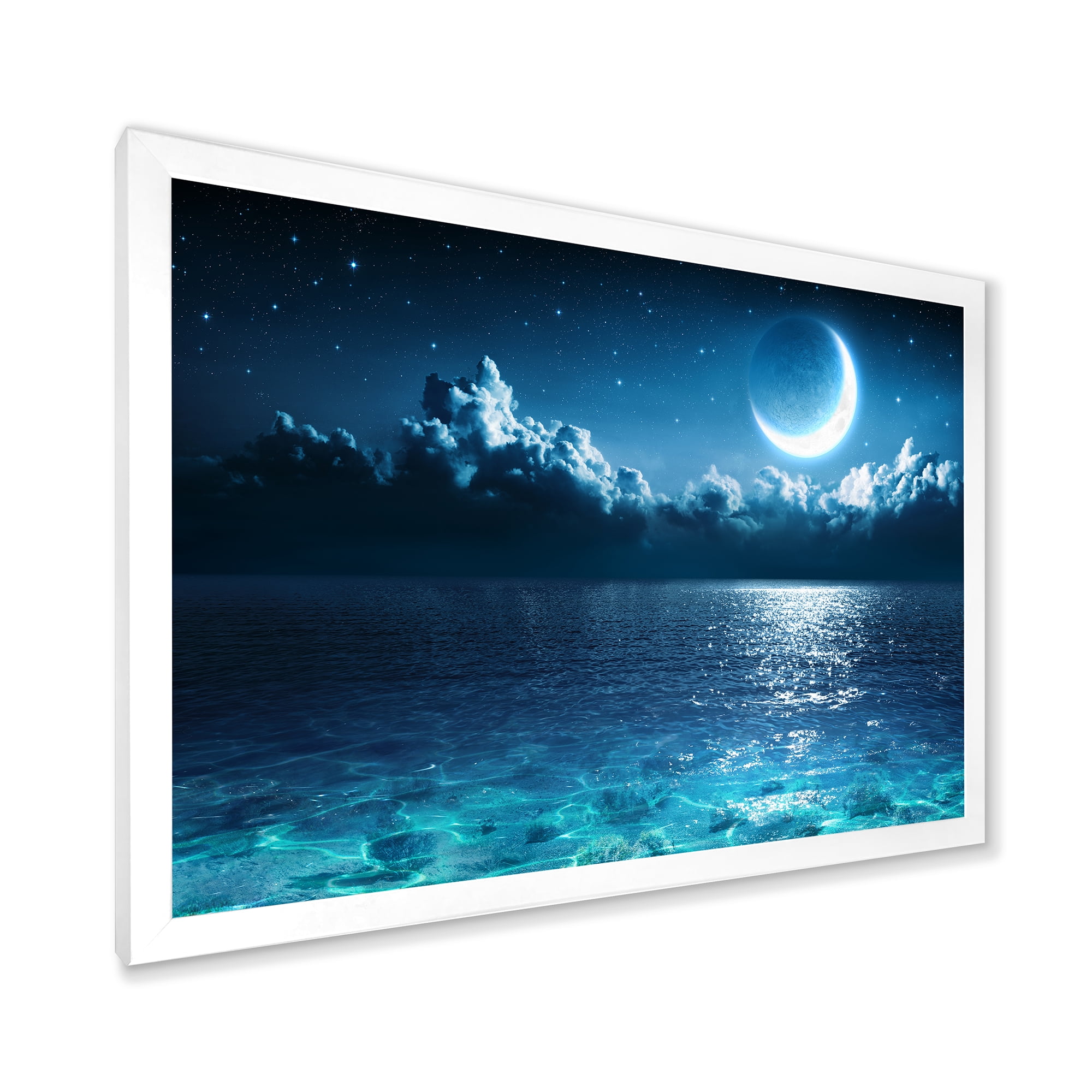 Designart 'Romantic Moon and Clouds Over Deep Blue Sea I' Nautical & Coastal Framed Art Print