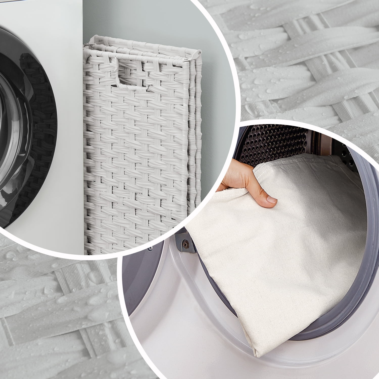 Foldable Laundry Hamper with Removable Liner & Lid, 17.2 Gallon (65L) Synthetic Rattan Basket, Handles, Space-Saving for Bedroom，Bathroom, Cloud White