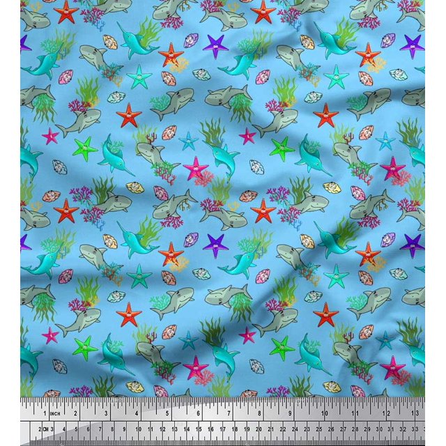 Soimoi Poly Georgette Fabric Coral,Whale & Starfish Ocean Print Fabric by The Yard 42 Inch Wide