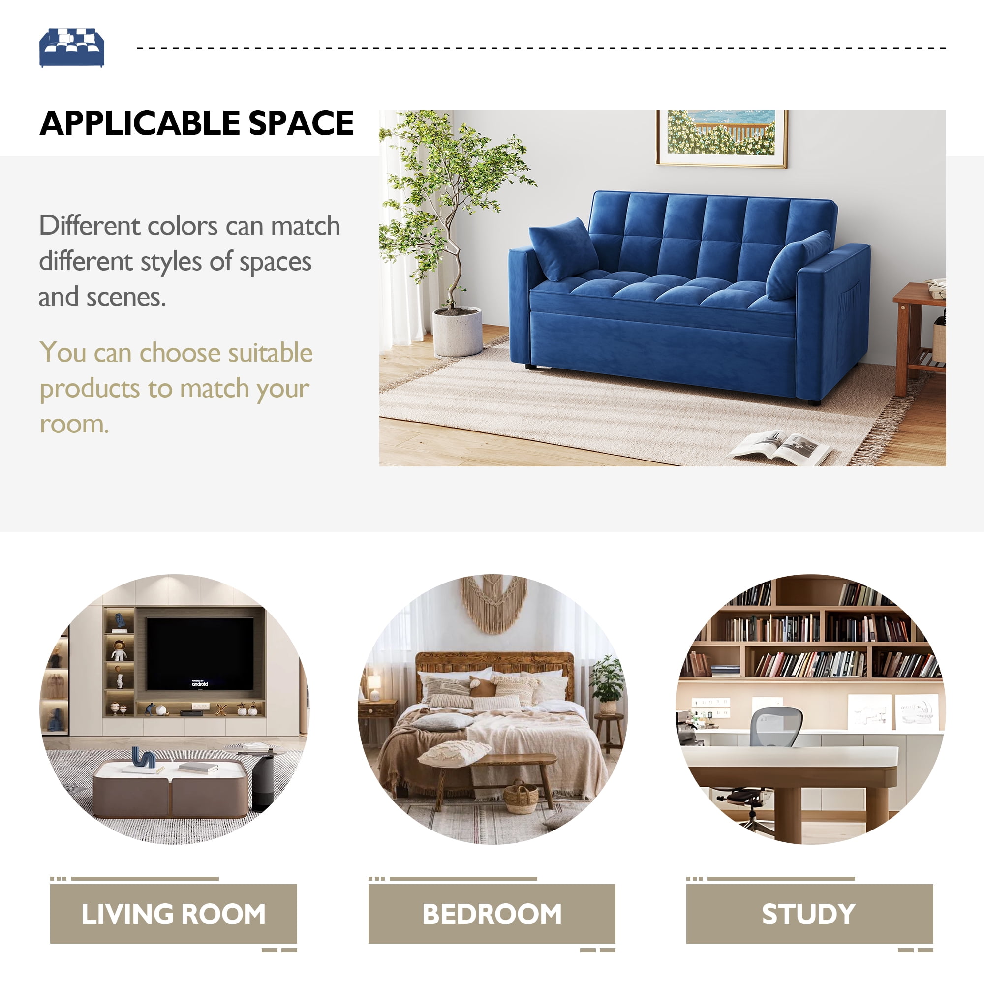AENKYO Convertible Pull-Out Loveseat Sleeper Sofa Bed for Living Room, Modern Upholstered Futon in Blue