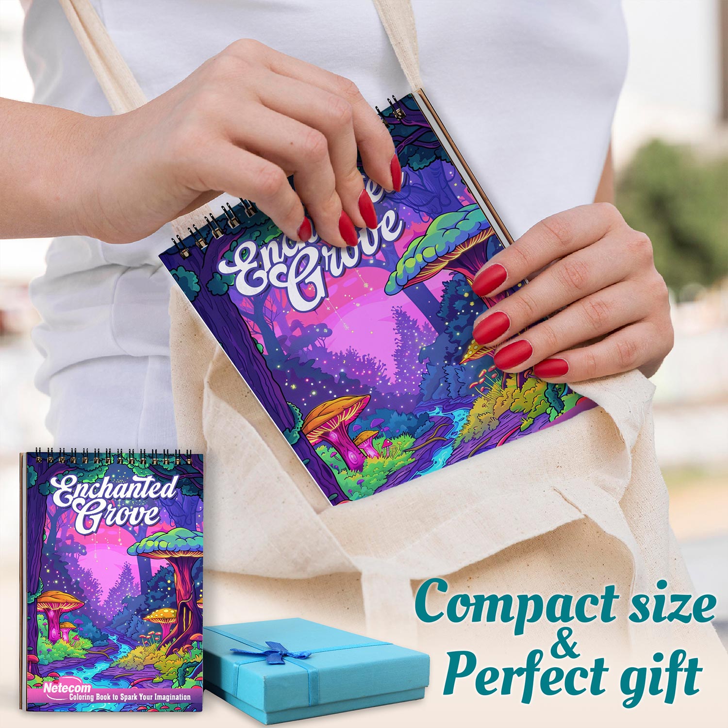 Netecom Enchanted Grove Coloring Book Spiral Bound for Adults, A5 Wooden Cover, 30 Whimsical Coloring Pages of Enchanting Landscapes for Stress Relief and Relaxation