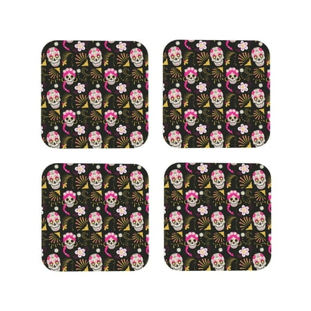 

Leather Coasters with Heat-resistant for Drinks pink Skull daisy Cup Coasters Cup Pad Mat for Tabletop Protection Coffee Table Office Desk and Housewarming Gift