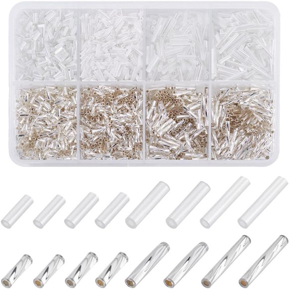 1920pcs 4 Sizes Glass Bugle Beads 5/6/9/12x2mm Craft Beads with Hole Metallic and White Colour Long Tube Seeds Beads for DIY Bracelet Necklaces Crafting Jewelry Making