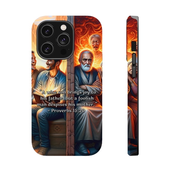 DistinctInk Tough Case for Apple iPhone 15 Pro MAX (6.7" Screen), Compatible with MagSafe Charging - "The Joy of a Wise Son: Proverbs 15:20"