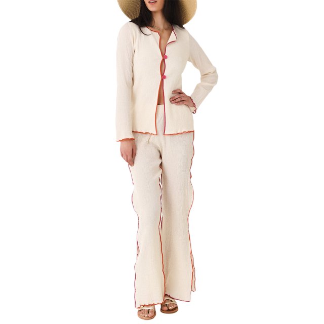 Honganda Women 2 Piece Lounge Set Long Sleeve Button Up Tops Contrast Color Split Pants Sleepwear Sets