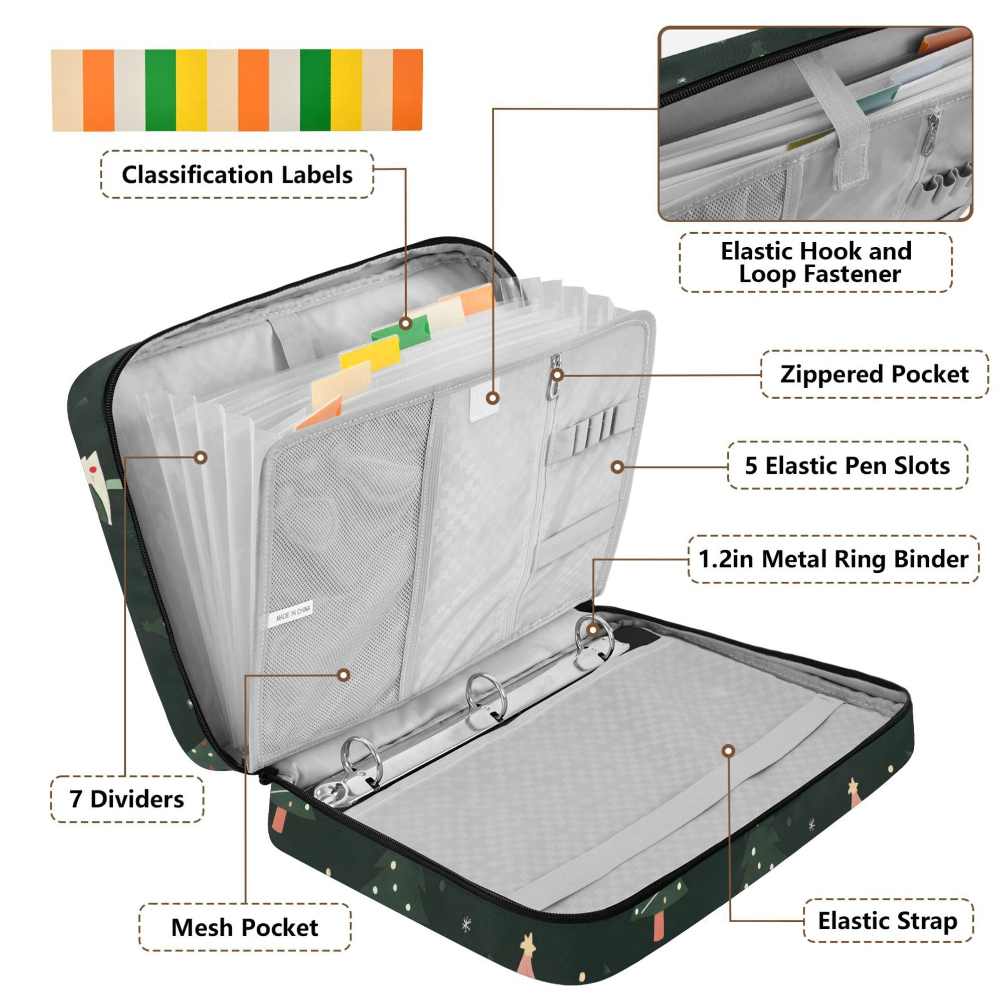 FORMRS Accordion File Folder A4 Size 7-Pocket Expanding Document Organizer Bag with 3 Ring Binder, Green Christmas Trees
