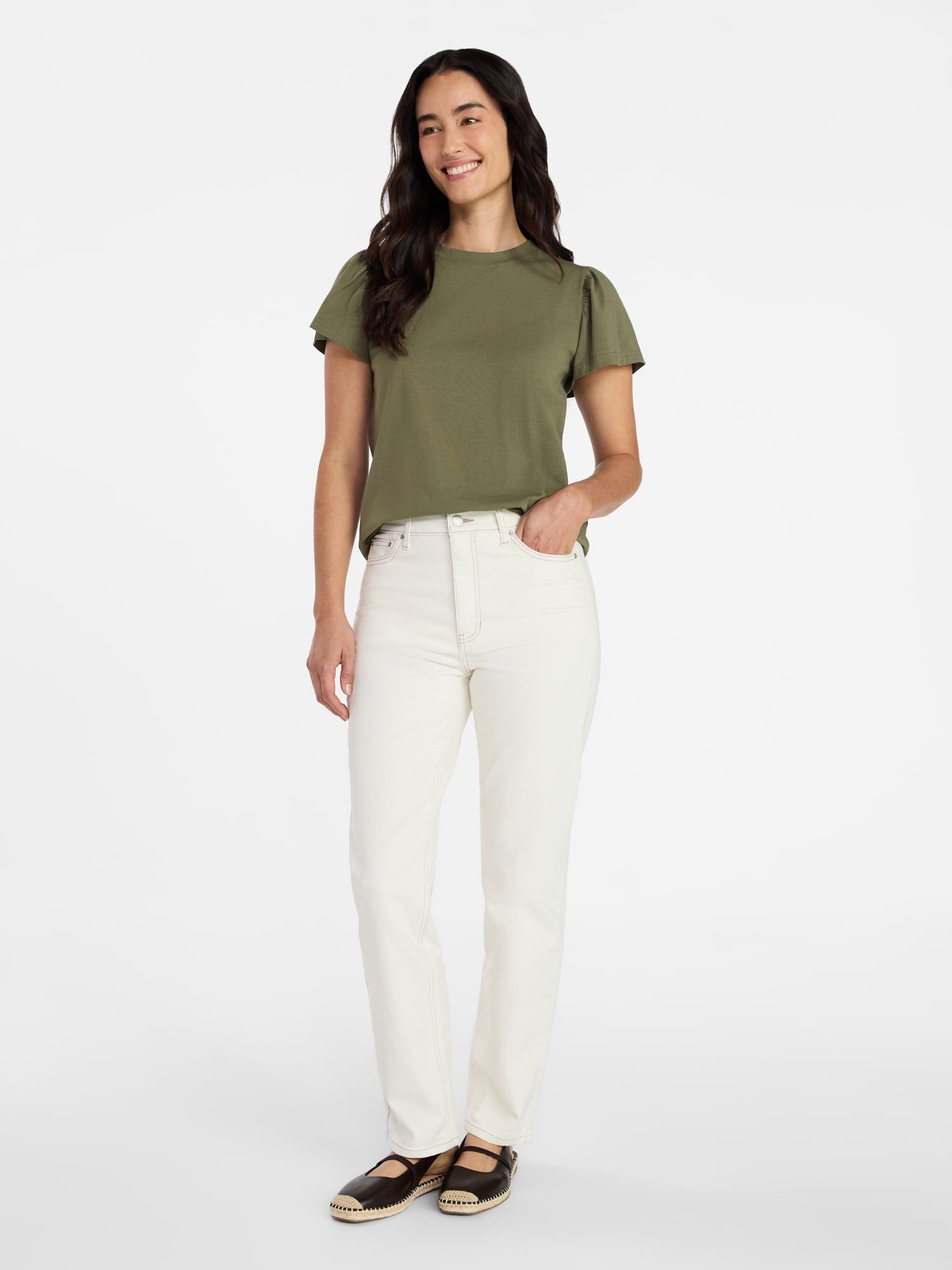 Time and Tru Women's Crewneck Top with Short Flutter Sleeves, Sizes XS-XXXL