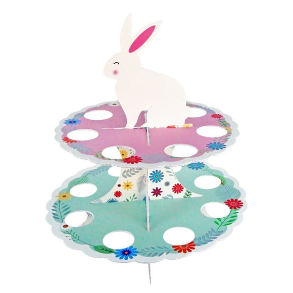 EGNMCR Easter Cupcake Stand 2 Tier Happy Easter Bunny Flower Dessert Tray Family Holiday Party Cupcake Stand Easter Stand
