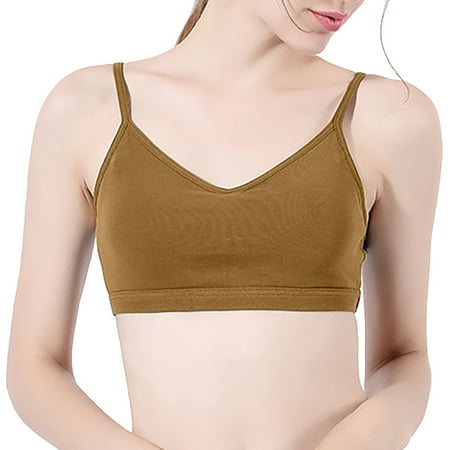 BYHONG V Neck Sports Bras for Women Thin Straps Padded Yoga Bra Basic Wireless Bra Camisole Brown L