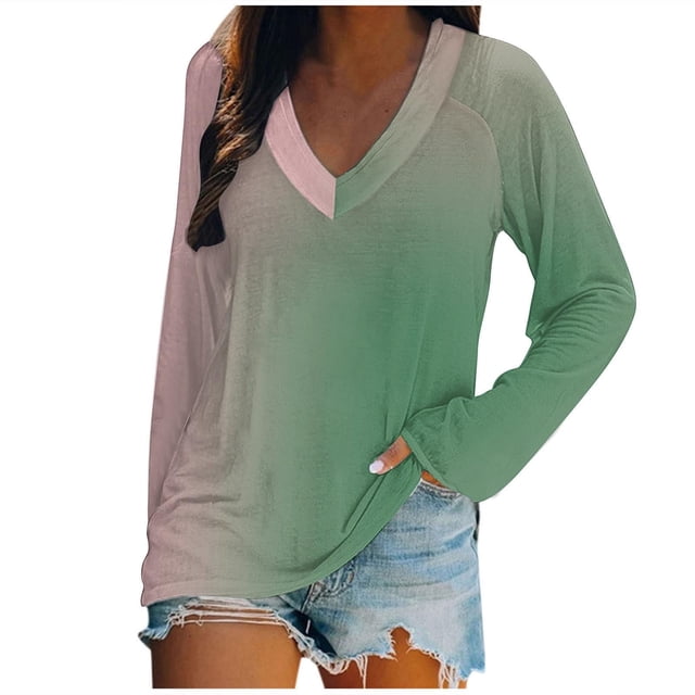 KIHOUT - Blusas casuales para mujer, liquidación 2024, moda clásica, color degradado, cuello en V, blusas holgadas básicas de otoño, blusas tipo túnica de manga larga