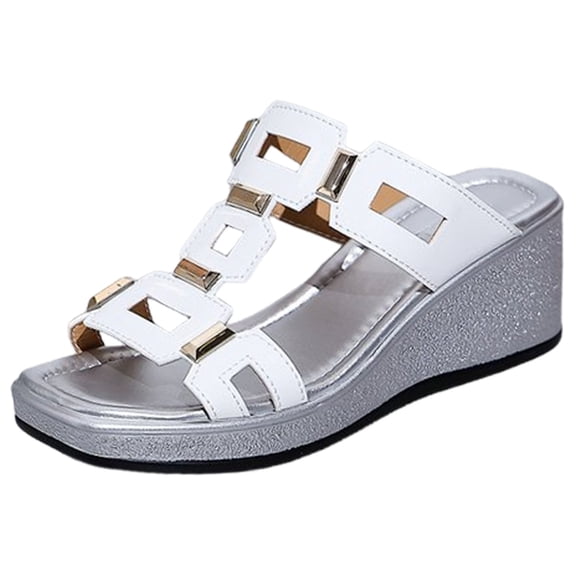 Wedges Heels for Women Open Square Toe Platform Slides Summer Trendy Cutout Sandals Slip on Slippers Dress Beach Shoes White Size 9