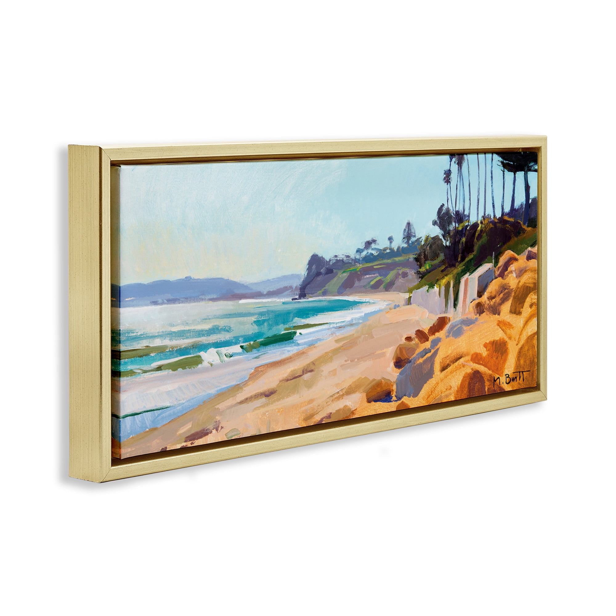 Stupell Industries Summer Beach Landscape Painting Nature Painting Gold Floater Framed Canvas Art Print Wall Art, 31 x 14