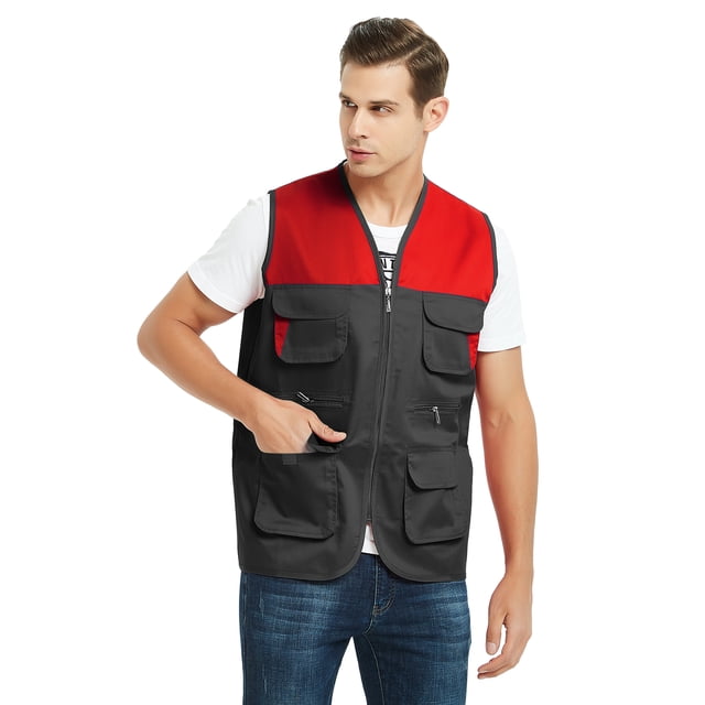 TOPTIE Gilet de Bénévole de Supermarché pour Adulte Voyage Safari à Multiples Poches - Noir Rouge - P