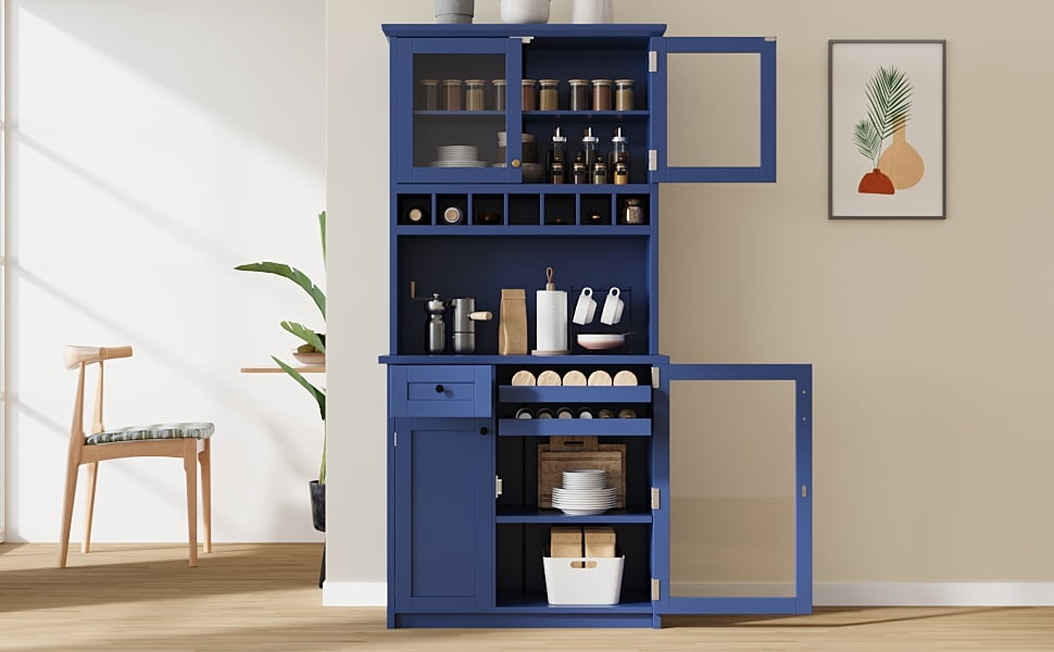Farmhouse Freestanding Buffet with Hutch, Tall Kitchen Pantry Storage Cabinet with Wine Rack, Adjustable Shelves and Glass Doors for Dining Room, Blue
