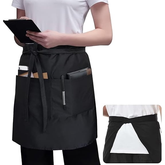 Serving apron, 3 pockets, 18-inch waist apron, Waiters & waitresses, Waterproof bistro, half apron for men and women, Black