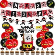 Ninja Birthday Party Decoration Red and Black Warrior Themed Party Supplies for Boys with Ninja Happy Birthday Banner Cake Topper Sticker and Paper Lanterns