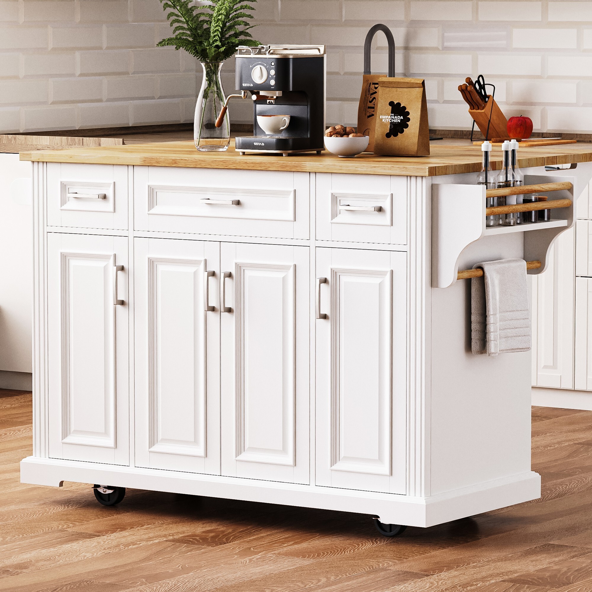 AENKYO 54" Large Kitchen Island with Rubber Wood Drop Leaf, Embossed Texture Rolling Kitchen Cart on 4 Wheels with 4 Doors and 3 Drawers for Kitchen, Dining Room,White