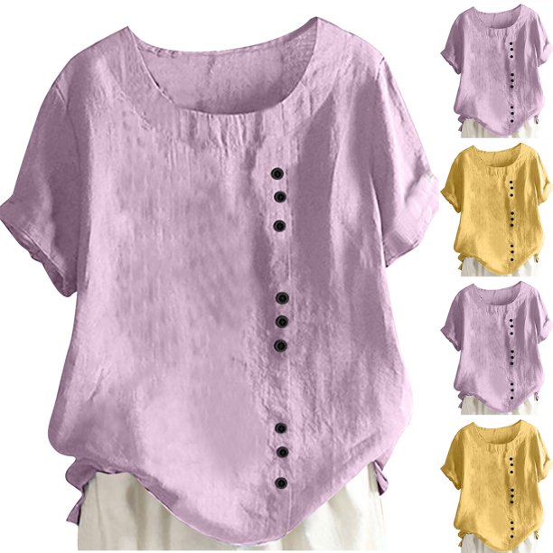 Fiudx Liquidación de Ofertas Flash Camiseta de Verano con Cuello Redondo y Manga Corta para Mujer, Informal, con Botones Impresos