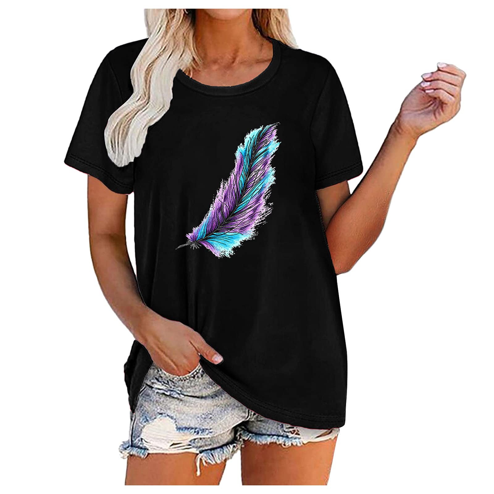 Women Feathers Printed Short Sleeve 