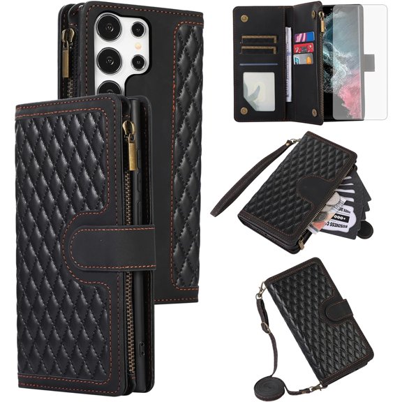 Phone Case for Samsung Galaxy S24 Ultra 5G Wallet Cover With Tempered Glass Screen Protector and Crossbody Wrist Strap Flip Zipper Credit Card Holder Cell S24Ultra 24S S 24 24Ultra Women Black