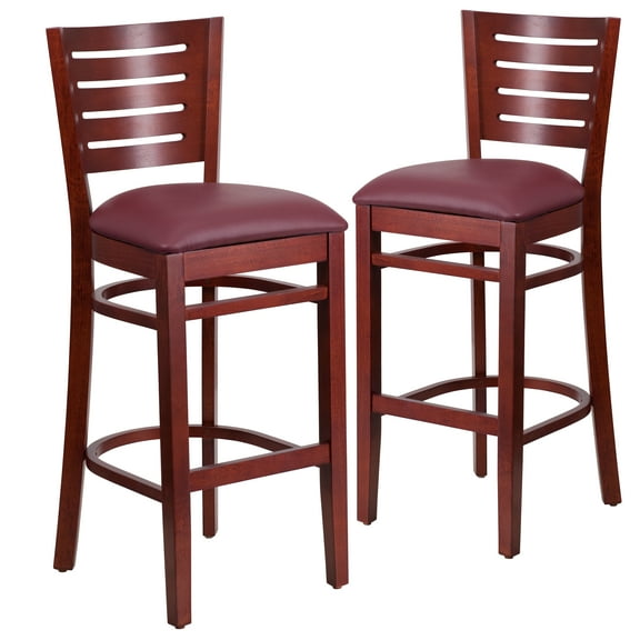 Flash Furniture 2 Pk. Darby Series Slat Back Mahogany Wood Restaurant Barstool - Burgundy Vinyl Seat