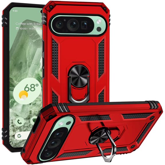 For Google Pixel 9 6.3inch Ring Magnetic Kickstand Hybrid Case Cover - Red