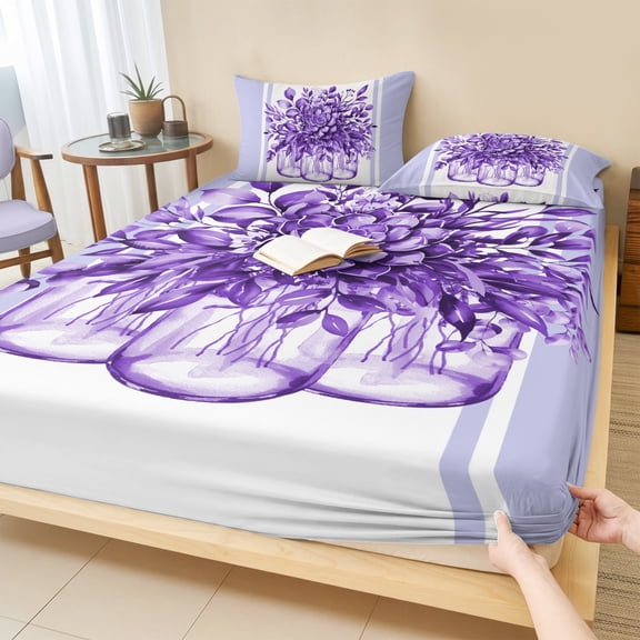 Cal.King Size Fitted Sheet Set - Eucalyptus Purple 3 Piece Bedding Sets 16" Deep Pocket Fitted Sheet with 2 Pillowcases, Stripes Bottle Flower Cactus Plant Brushed Microfiber Hotel Luxury Bed Sheets