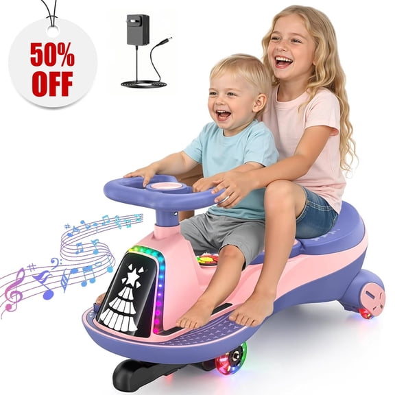 TOKTOO 12V Electric Wiggle Car for Kids, 2 Seater Ride On Toy with Music, Bluetooth & LED Lights, 2 in 1 Kids Electric Ride On Car for Ages 3 , Pink