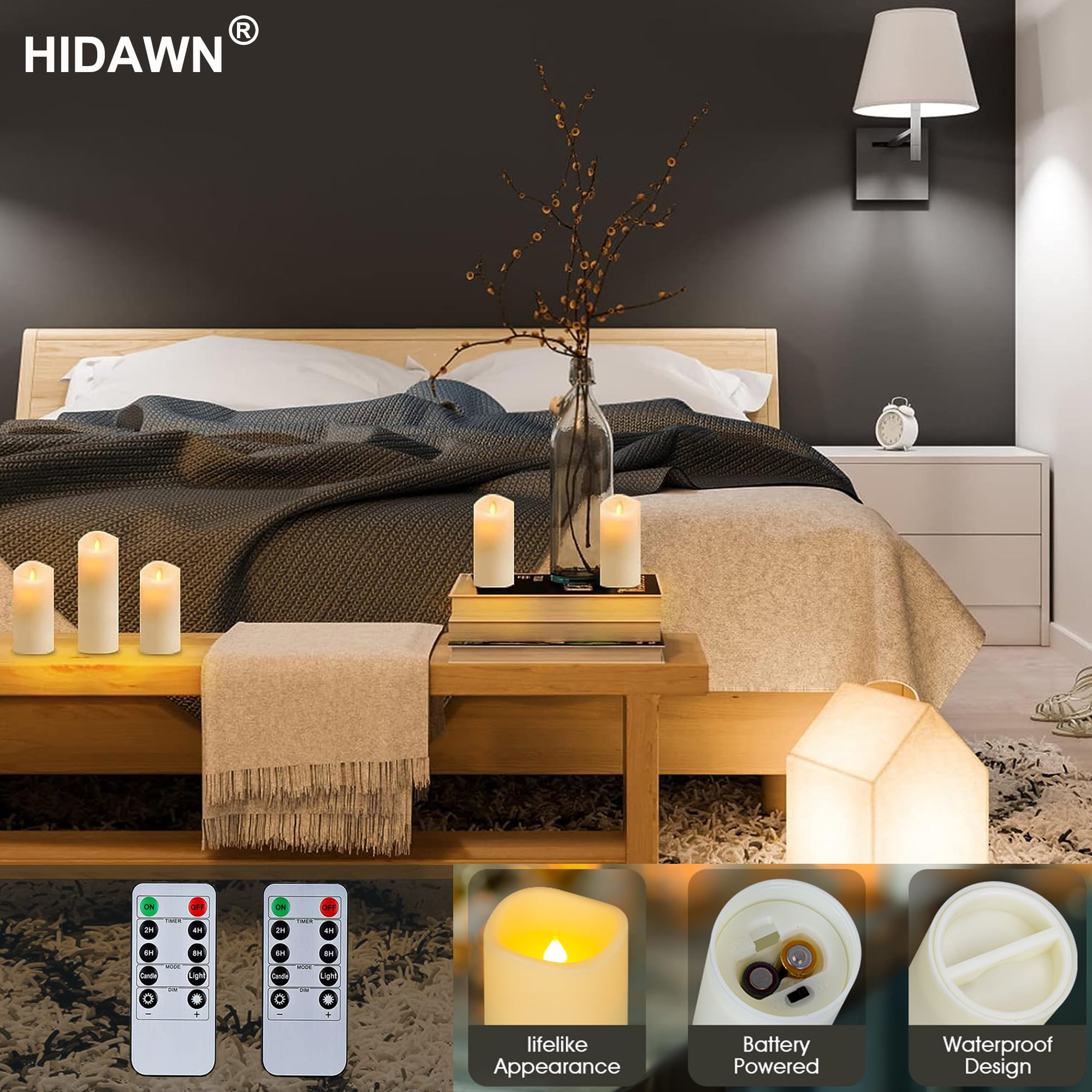 HIDAWN Flameless Pillar Candles with Remote,9 Pack Outdoor Large LED Fake Candles Battery Operated Electric Votive Flicker Lights,Ivory
