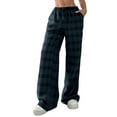 thumbnail image 2 of Women'S Plaid Leopard Print Straight Leg Pants Elastic Waist Y2K Trousers Bottoms with Pockets Blue&Green Grid M, 2 of 8
