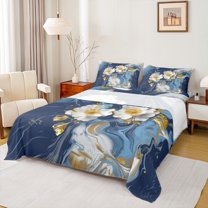 Homewish Blue Marble Floral Bed Sheets, Modern Artwork King Sheets, Chic Abstract Mabrbling Sheet Set, Microfiber Bedroom Decor, 4pcs