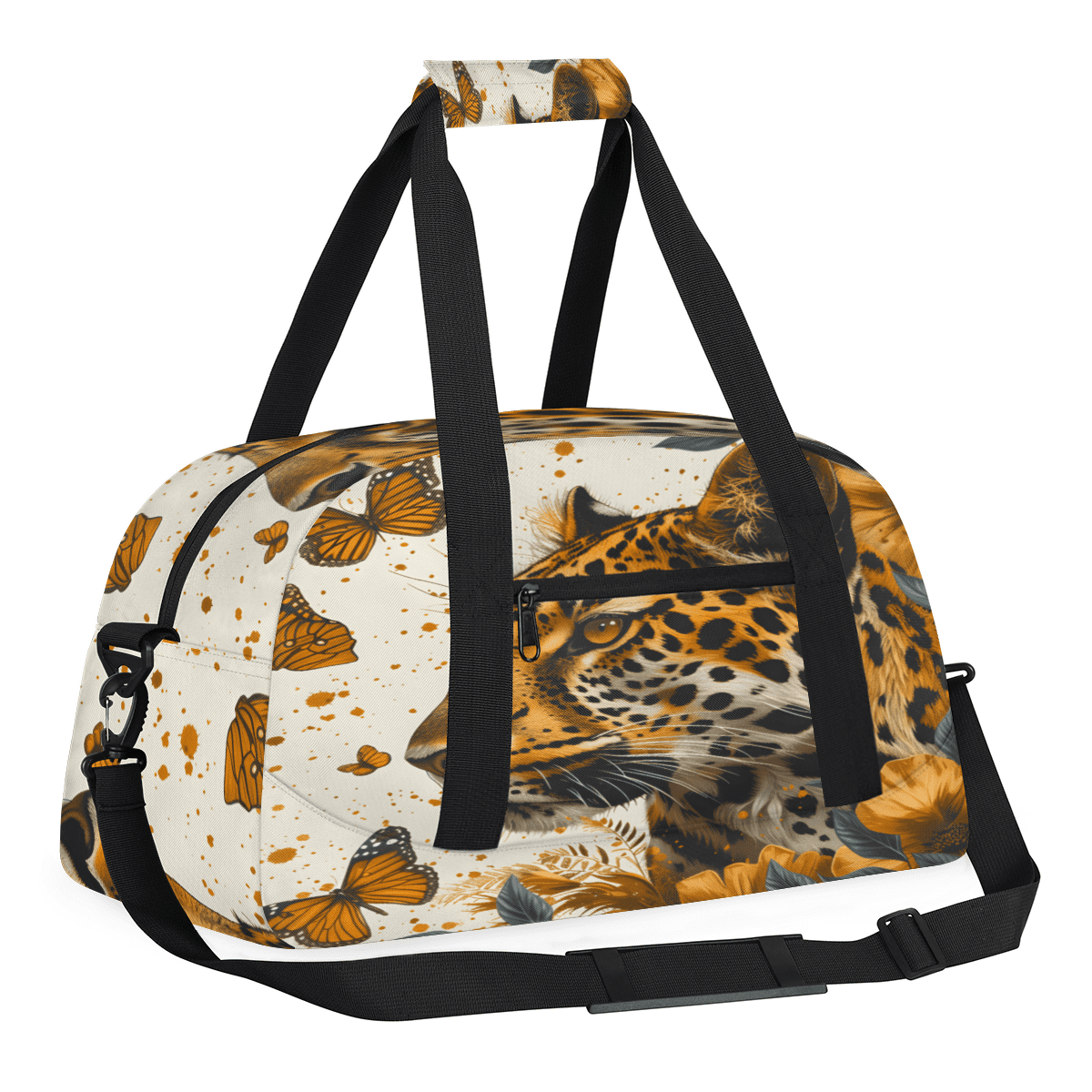 Herdesigns Leopard Sports Duffle Bag for Women & Men, Butterfly Leopard Print Gym Bag Dance Bag Overnight Bag Carry On Weekender Travel Bag