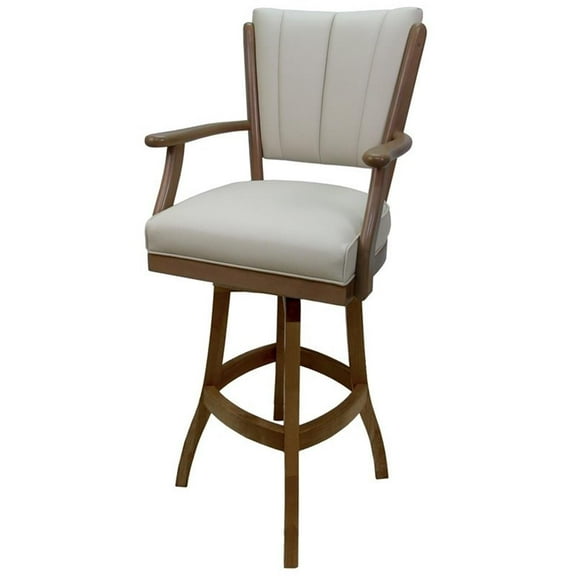 Classic Solid Wood Swivel Extra Tall 34" Bar Stool with Arms - Beige Vinyl - Oak