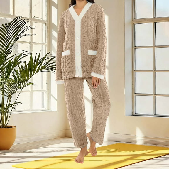 Gamivast Womens Fleece Pajama Sets Flannel Lounge Long Sleeve Thermal Button Up Tops and Long Pants Winter Warm Fuzzy Sherpa V Neck Pjs with Pockets