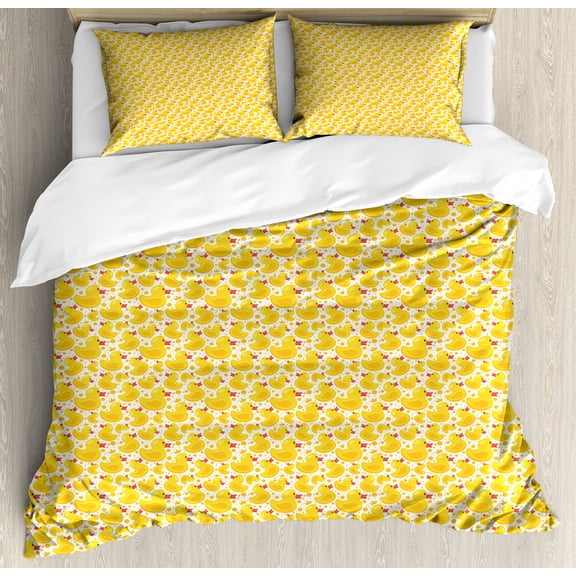Ambesonne Yellow Bird Duvet Cover Set, Ducks and Polka Dots, King, Mustard Dark Coral