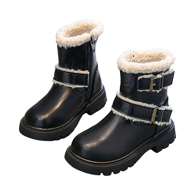 Gubotare Big Girl Winter Boots for Boys Girls Winter Boots Warm Mid Calf Snow Boots Fur Lined Short Boot with Bow,Soft Side Zipper Ankle Booties Size 1 (Black,Big Kids 1)