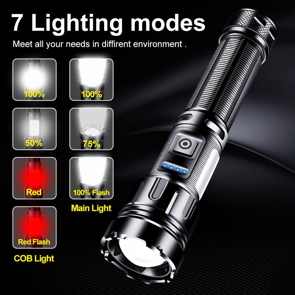 LED Flashlight, Lumens Rechargeable Flashlight, Waterproof Searchlight Super Bright Flashlight with 7 Modes Zoom Torch for Camping Outdoor Sport