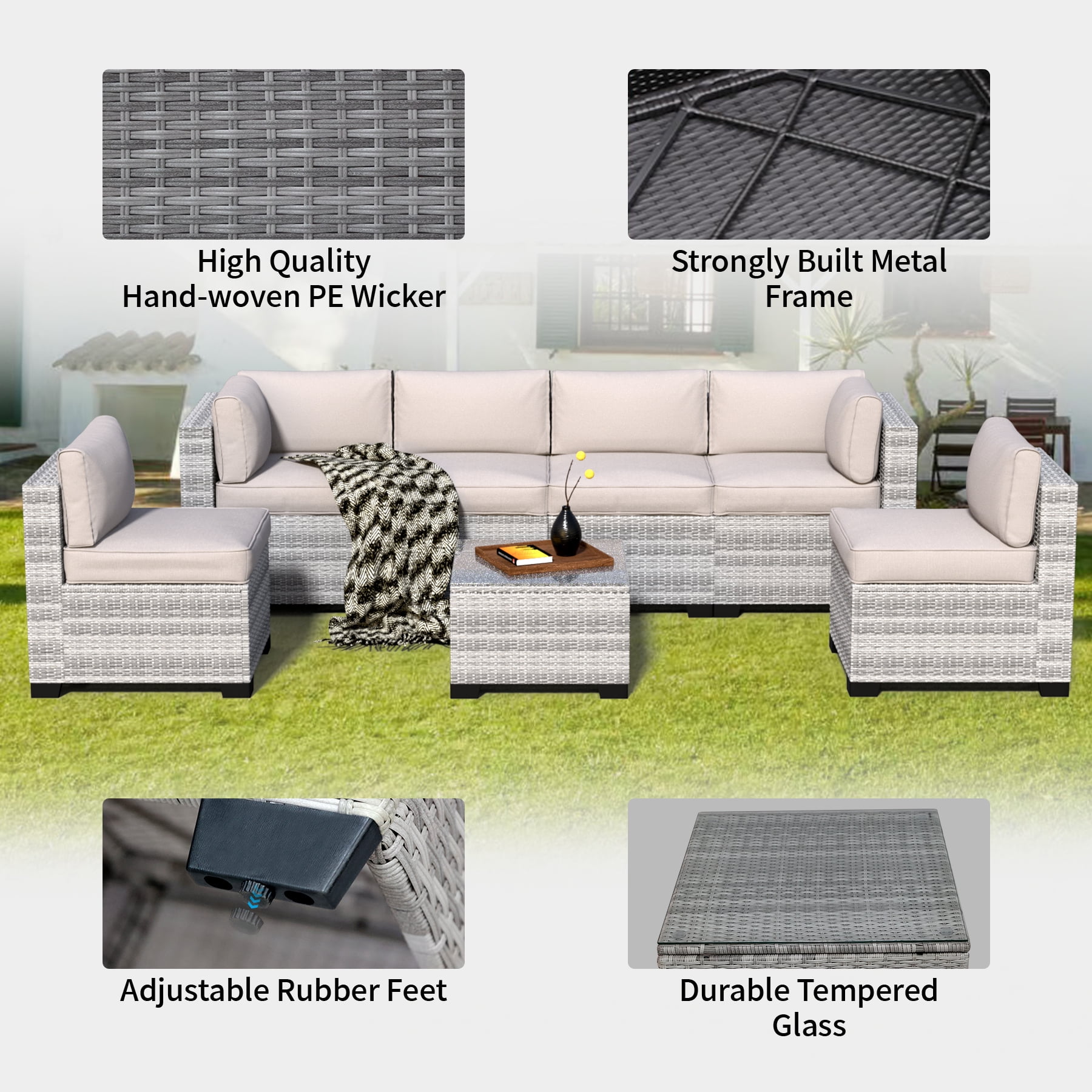 7-Piece Outdoor Sectional Patio Furniture Set, All-Weather Wicker Rattan Sofa with Thick Washable Cushions & Tempered Glass Table, Perfect for Garden, Poolside, Backyard (Dusty Gray)