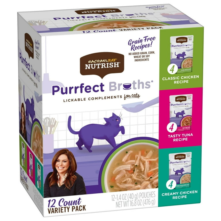 Rachael Ray Nutrish Purrfect Broths Grain Free Lickable Delicacies Wet Cat Food Complement 1.4oz 12ct Variety Pack