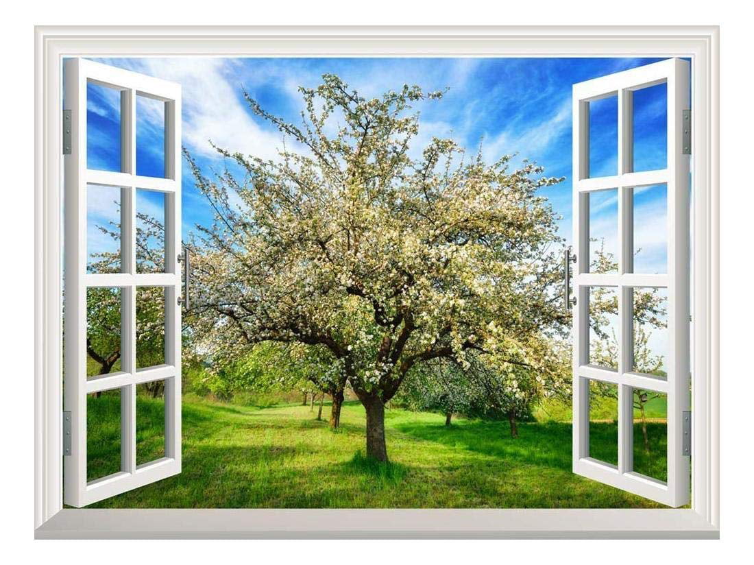 Creative Window View Wall Decor 24x32 Removable Wall Sticker/Wall Mural Poppy Fields Under Trees in a Orchard