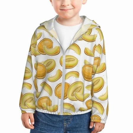 

Sun Hoodie for Kids Funny Yellow Cantaloupe Long Sleeve Swim Fishing Shirts Sun Protection Zip Up Jacket Clothing Athletic Hoodie