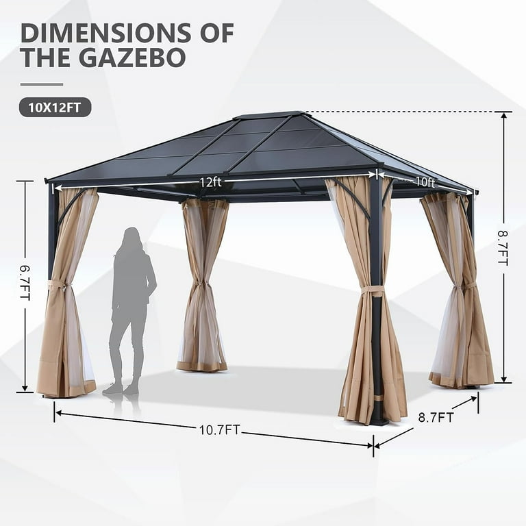 ABCCANOPY 10x12 Outdoor Hardtop Polycarbonate Single Roof Patio Gazebo Canopy Metal Frame Permanent Pavilion with Curtains and Netting Beige
