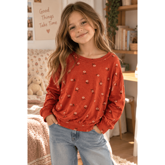 Girls Floral Long Sleeve Crewneck Pullover Sweatshirt Size M 8 Chestnut