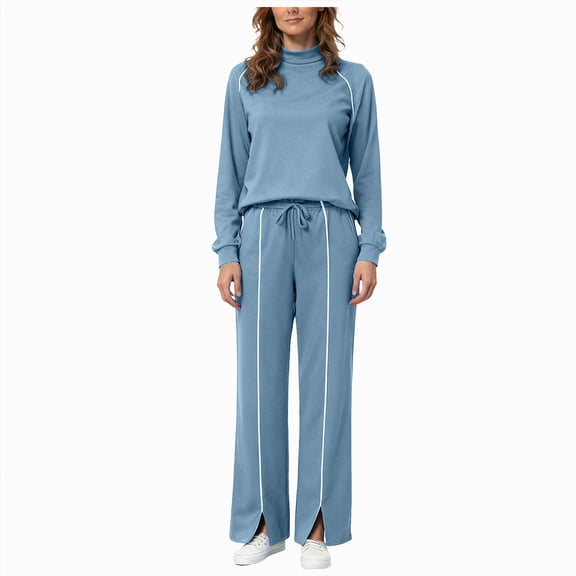 enyan Womens Lounge Sets Womens Sweatsuits 2 Piece Set Fleece Lined Outfits Crew Neck Colorblock Long Sleeve Sweatshirt Jogger Pants Tracksuit Set with Pockets Blue,XS