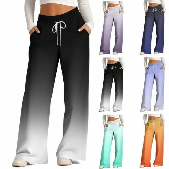 ABPWLY Pants for Women Wide-Leg Pants for Women Casual Gradient Flared Pants Sports Loose Drawstring Waist Stretchy Long Trousers with Pocket Womens Dress Pants